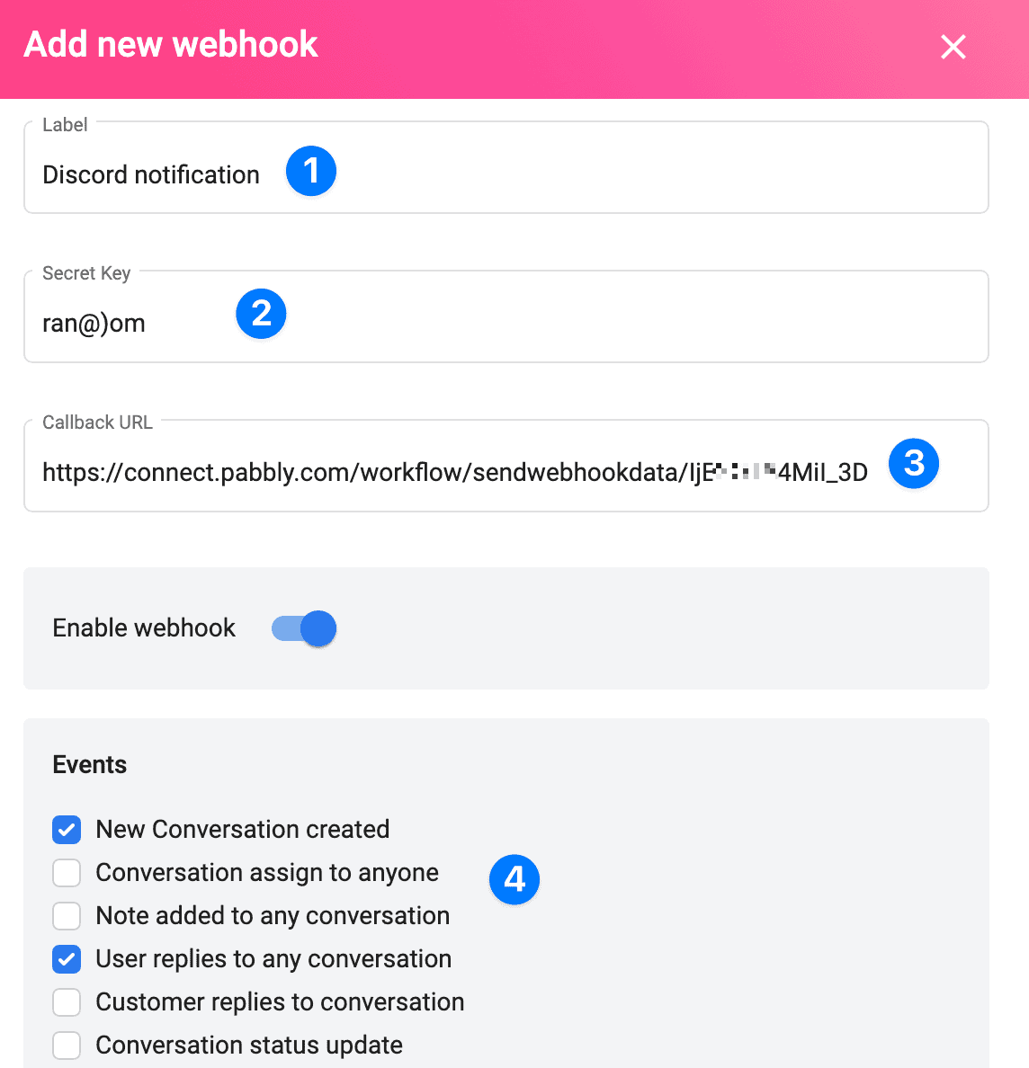 ThriveDesk webhook settings