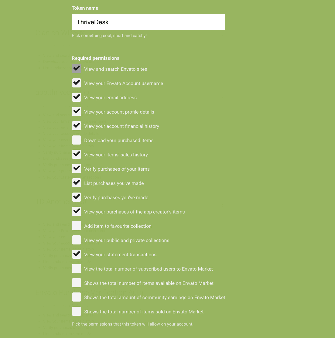 Envato app token permissions