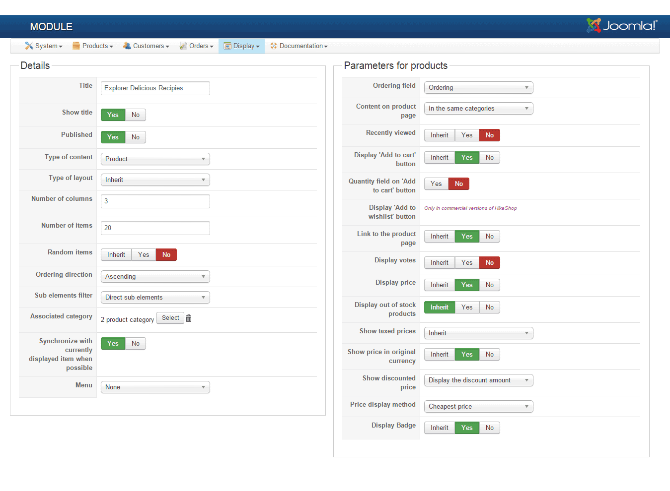 Hikashop Module Settings
