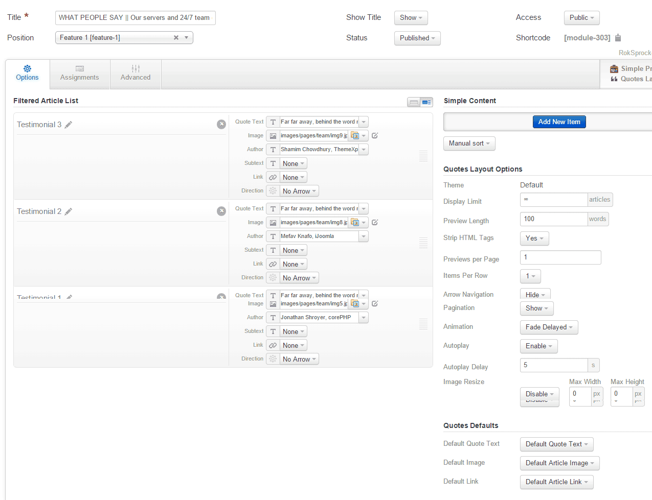 Testimonial settings