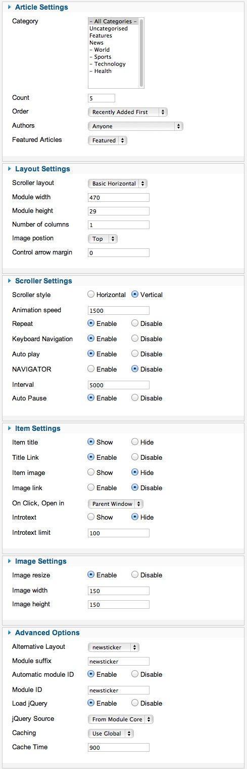 news ticker settings