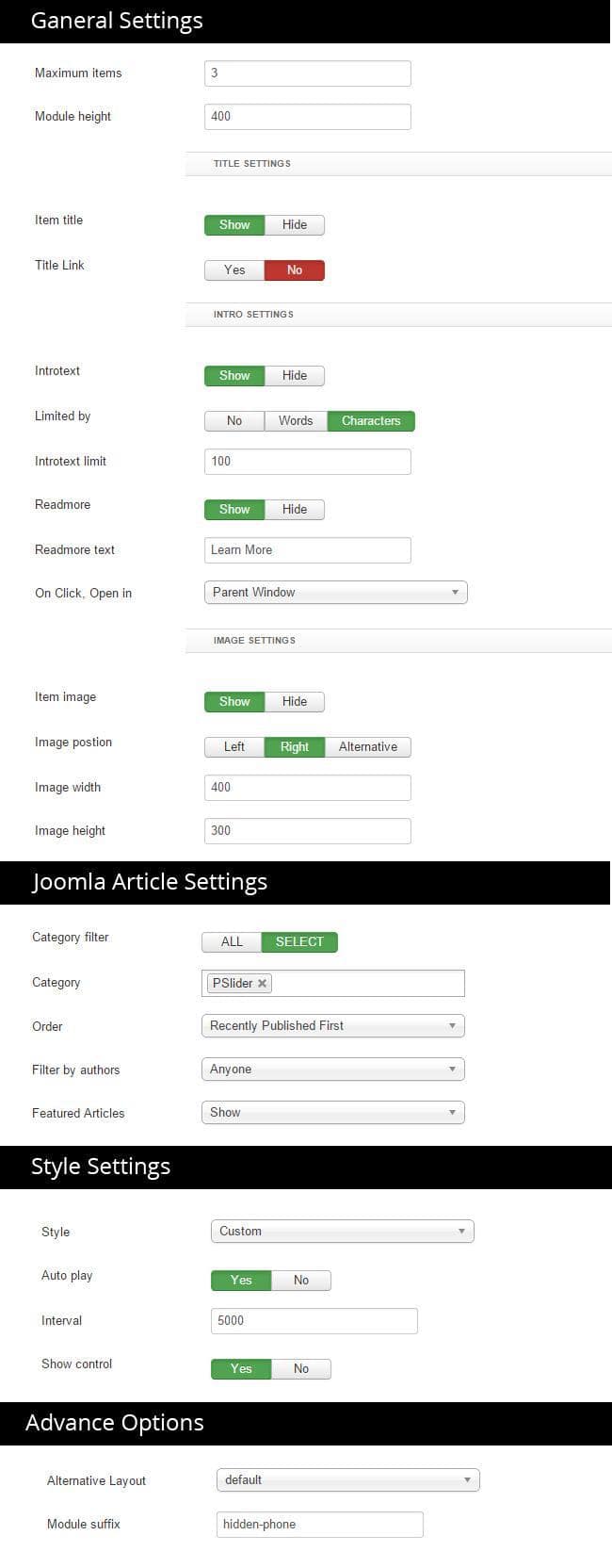 Parallax Slider settings