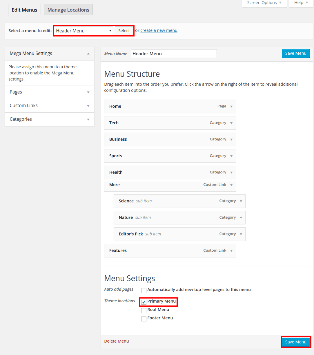 Primary Menu Settings