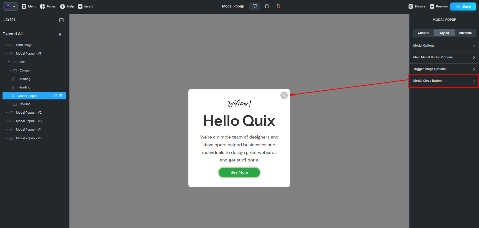 modal close button style
