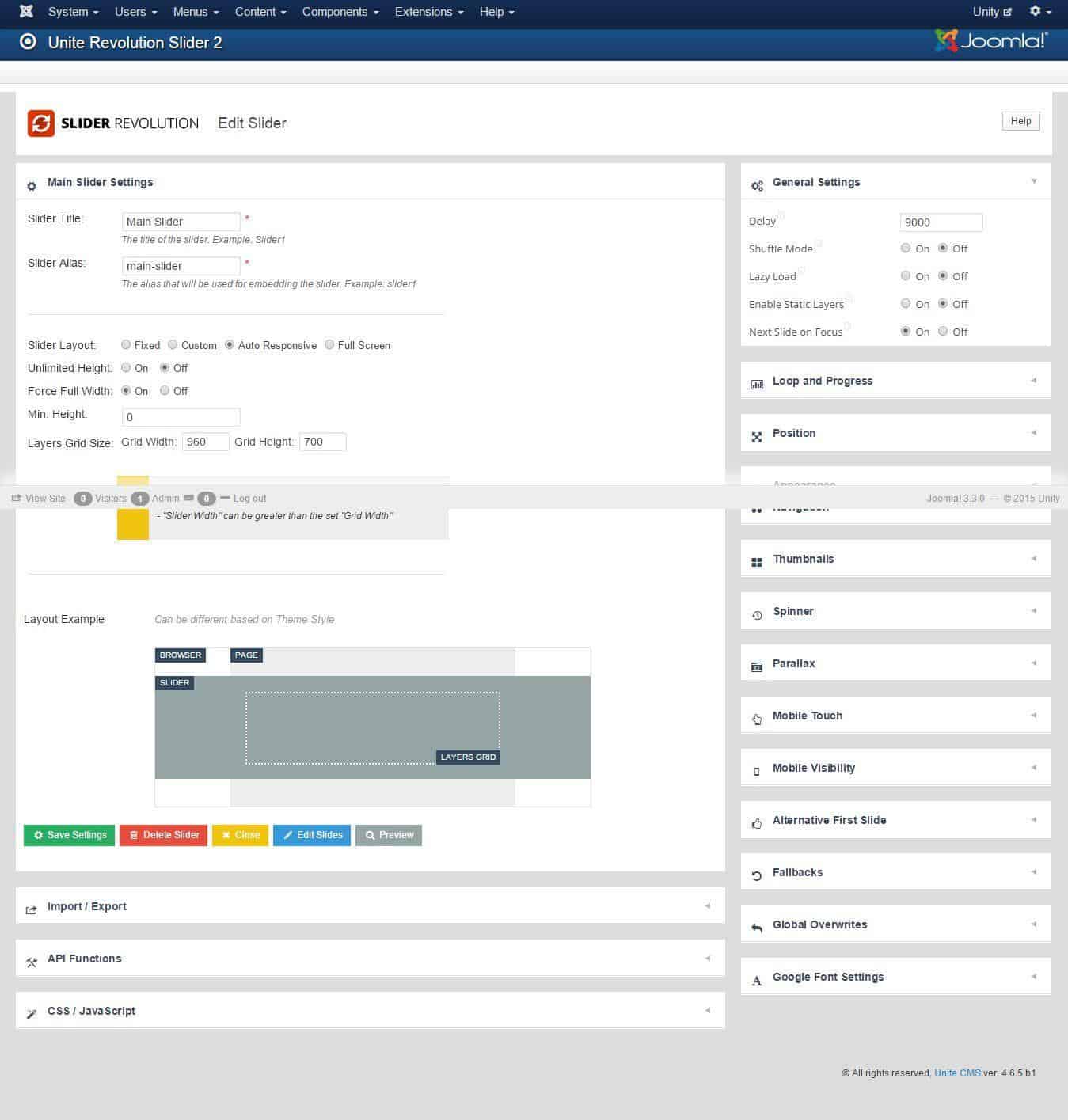 Revolution Slider component settings