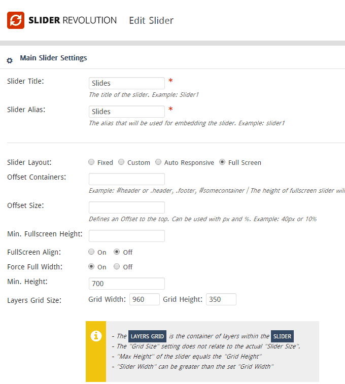 Revolution Slider component settings
