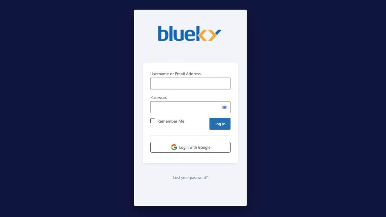 Blueky One administrator login screen.