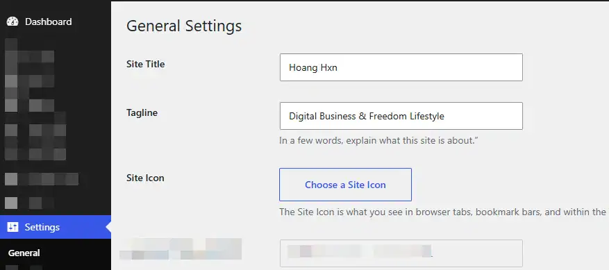 Location of Site Title, Tagline, and Site Icon settings in Blueky One.