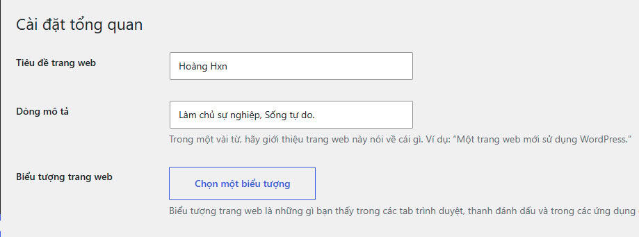 Vị trí của cài đặt Tiêu đề Trang, Khẩu hiệu và Biểu tượng Trang trong Blueky One.