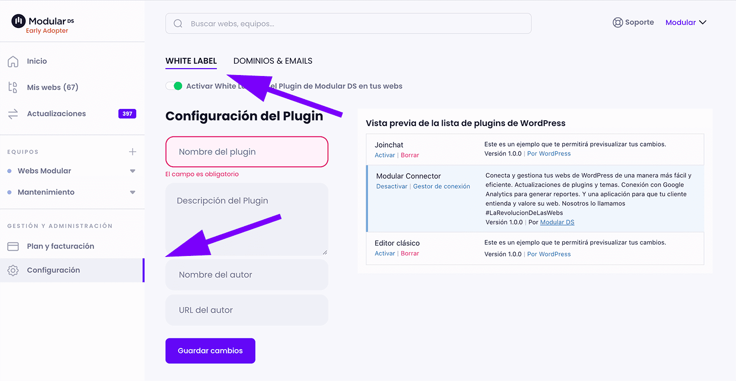 Configuración white label plugin Modular