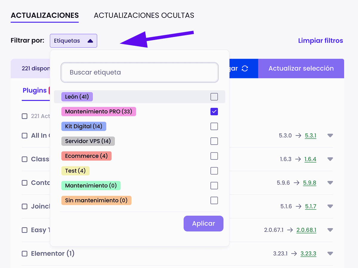 Filtrar etiquetas en actualizador