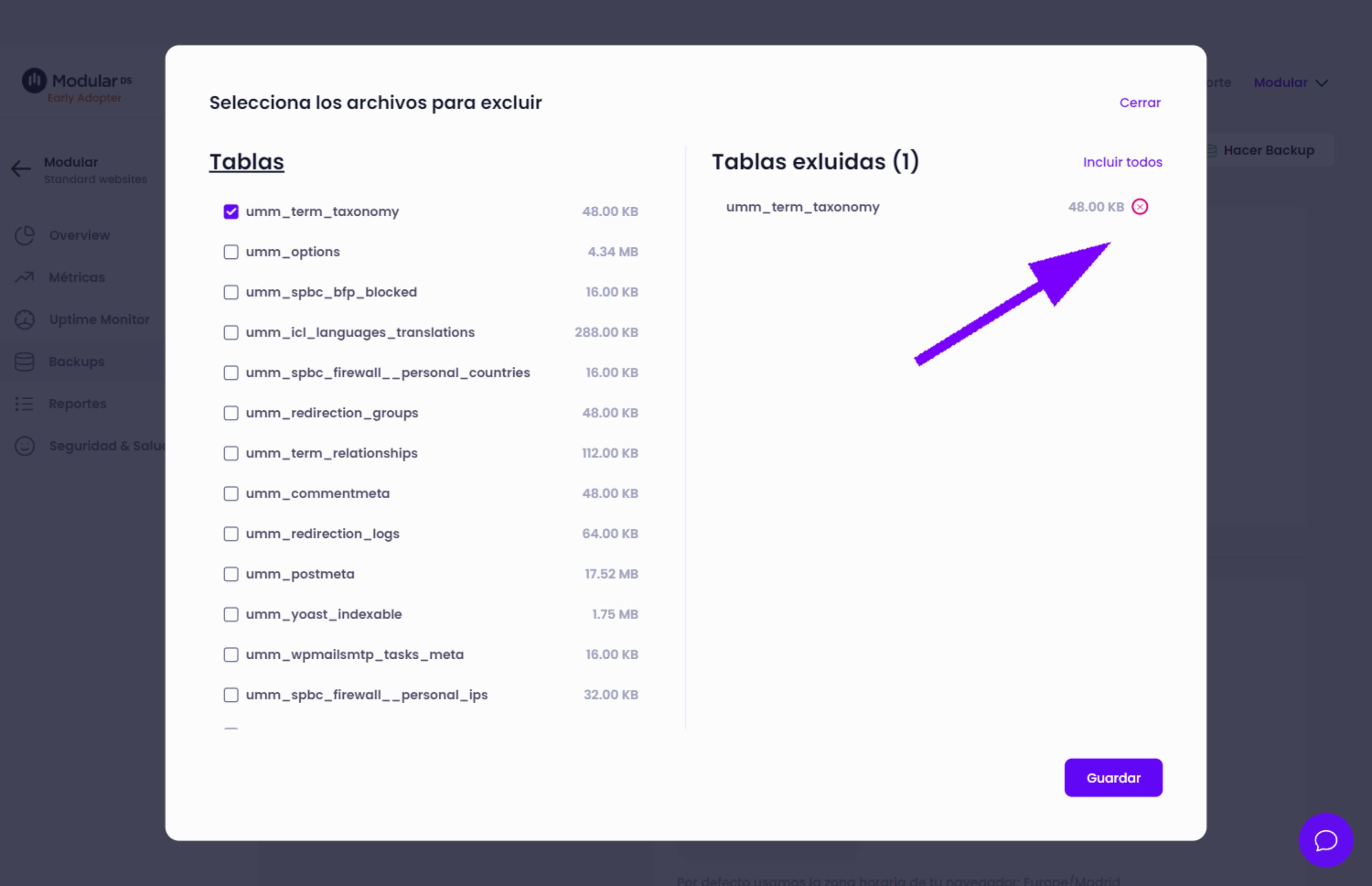 Gestor de archivos/tablas excluídas