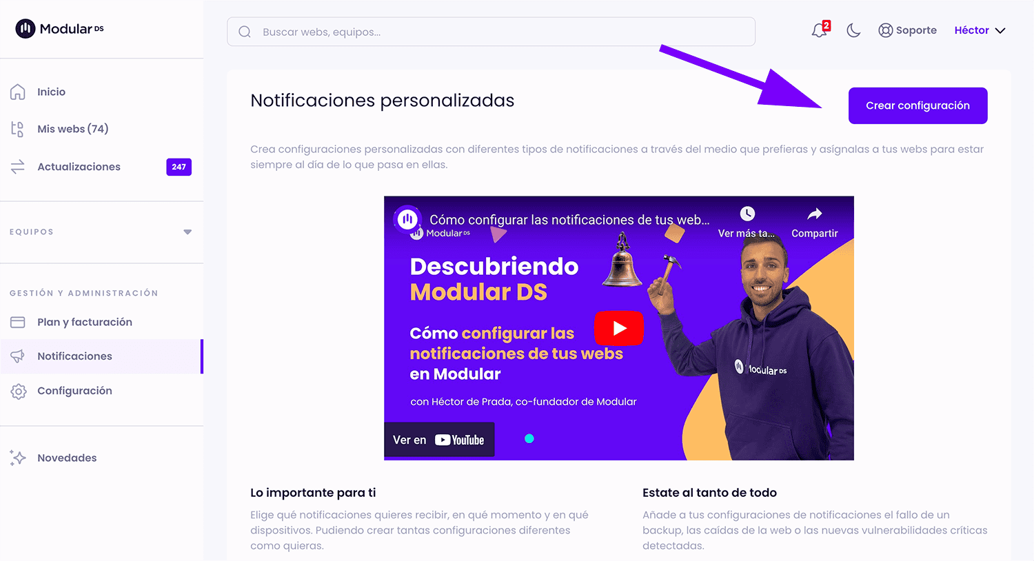 Panel de notificaciones