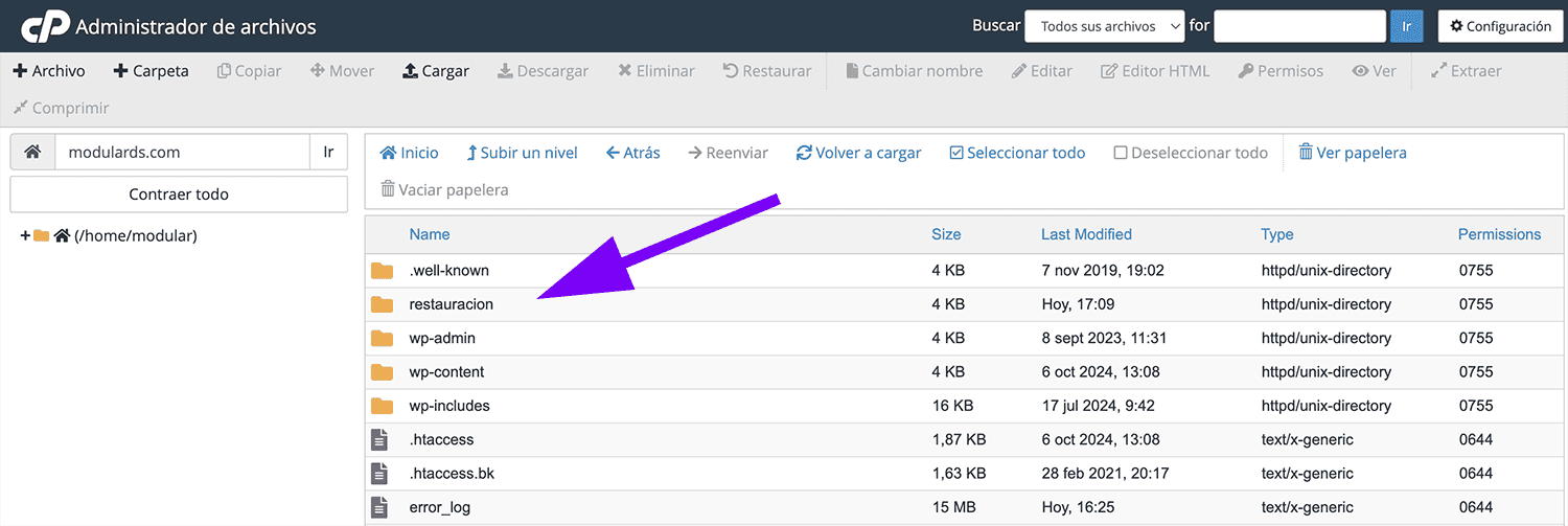 Carpeta restauración cPanel