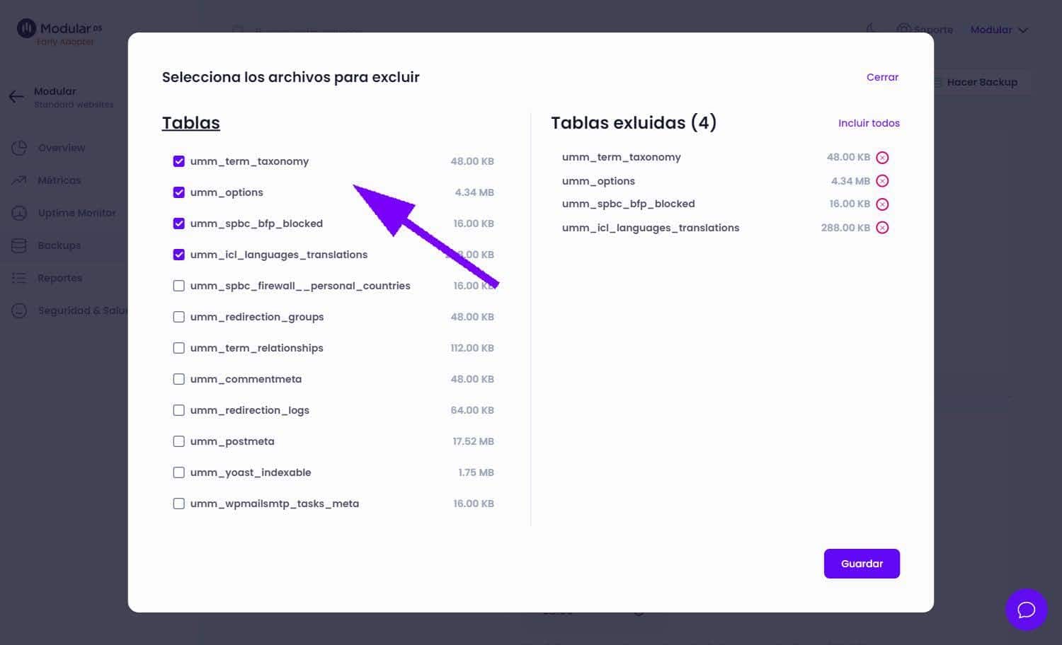 Excluir tablas Copias de seguridad