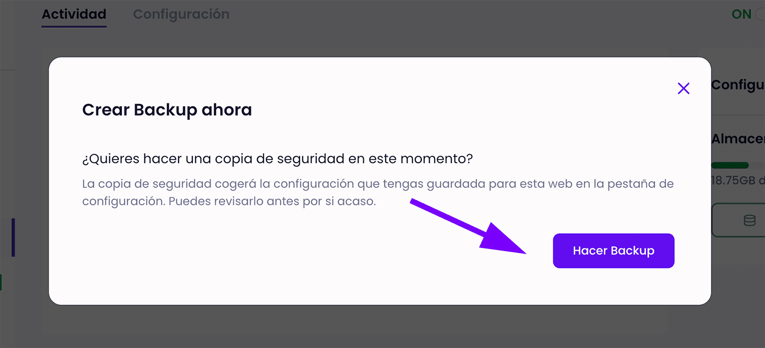 Confirmar backup instantáneo