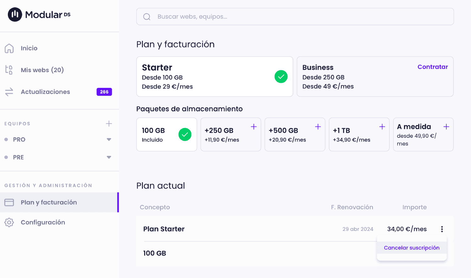 Plan y facturación