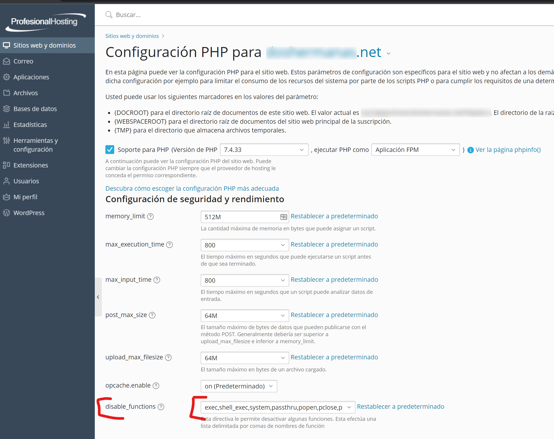 Configuración PHP Plesk