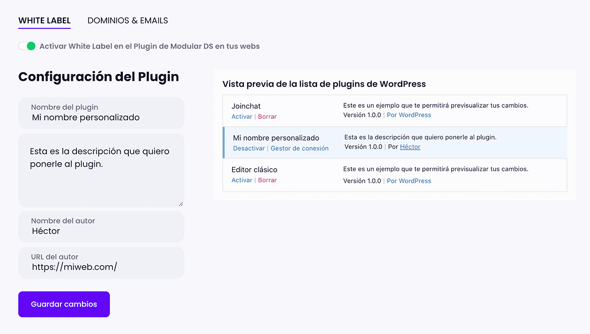 Configuración white label plugin Modular