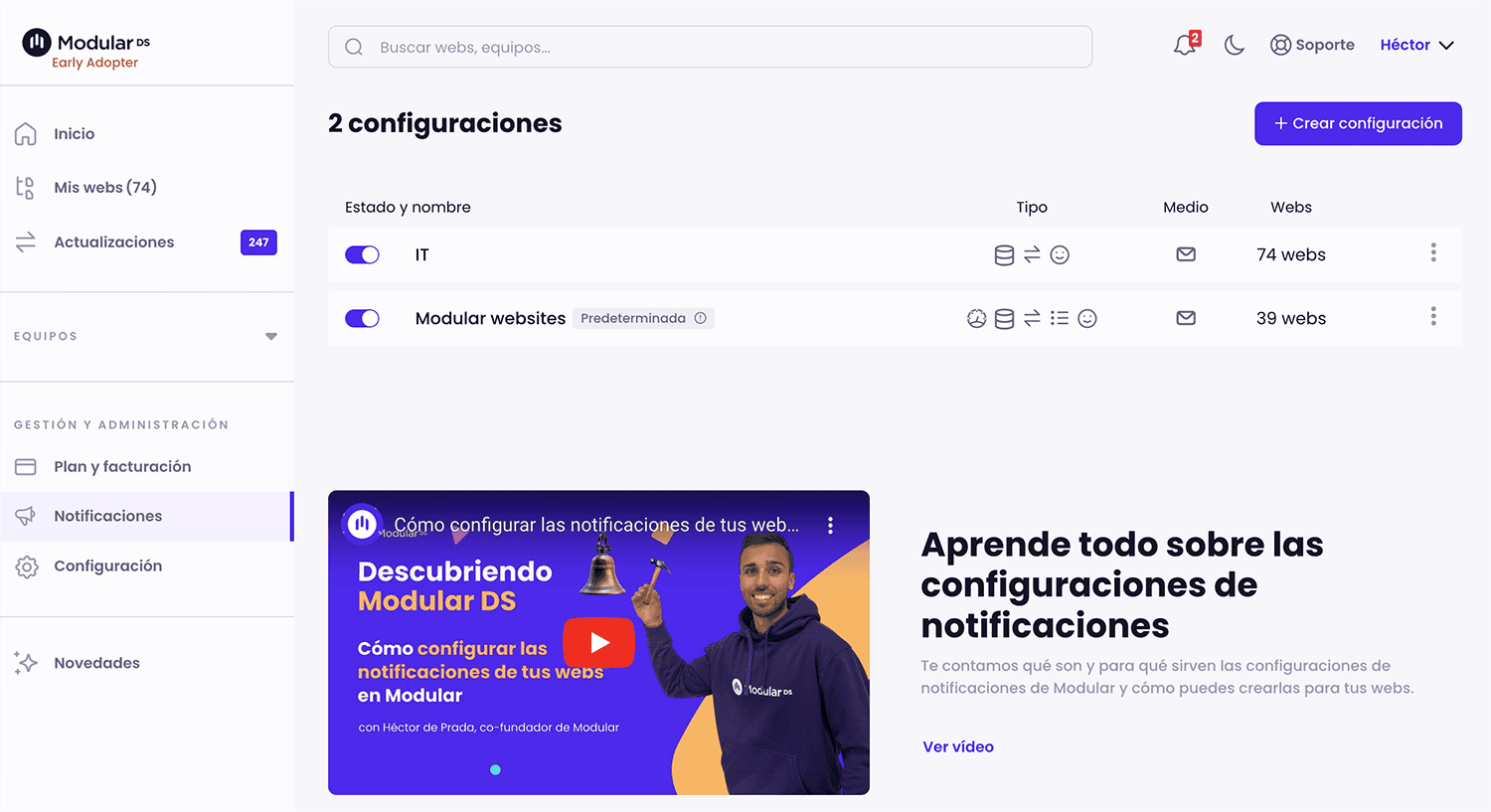 Panel de notificaciones