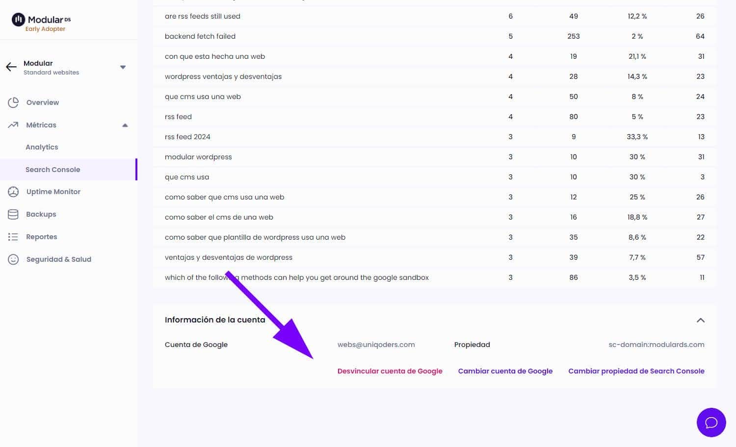 Desvincular Cuenta Google Search Console