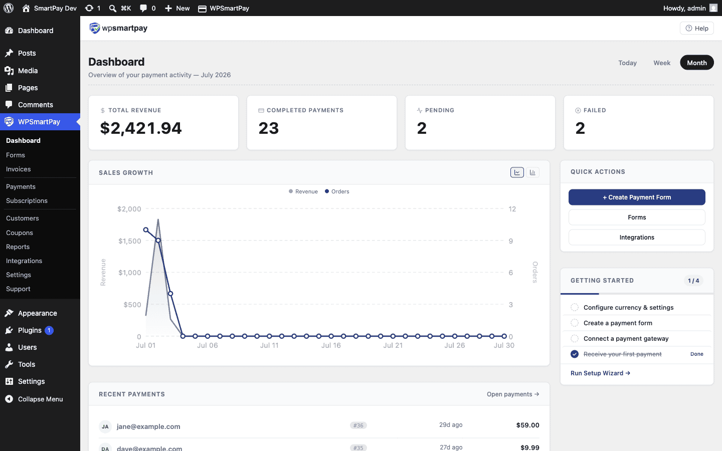 Screenshot of WP SmartPay admin dashboard showing revenue overview and recent payments