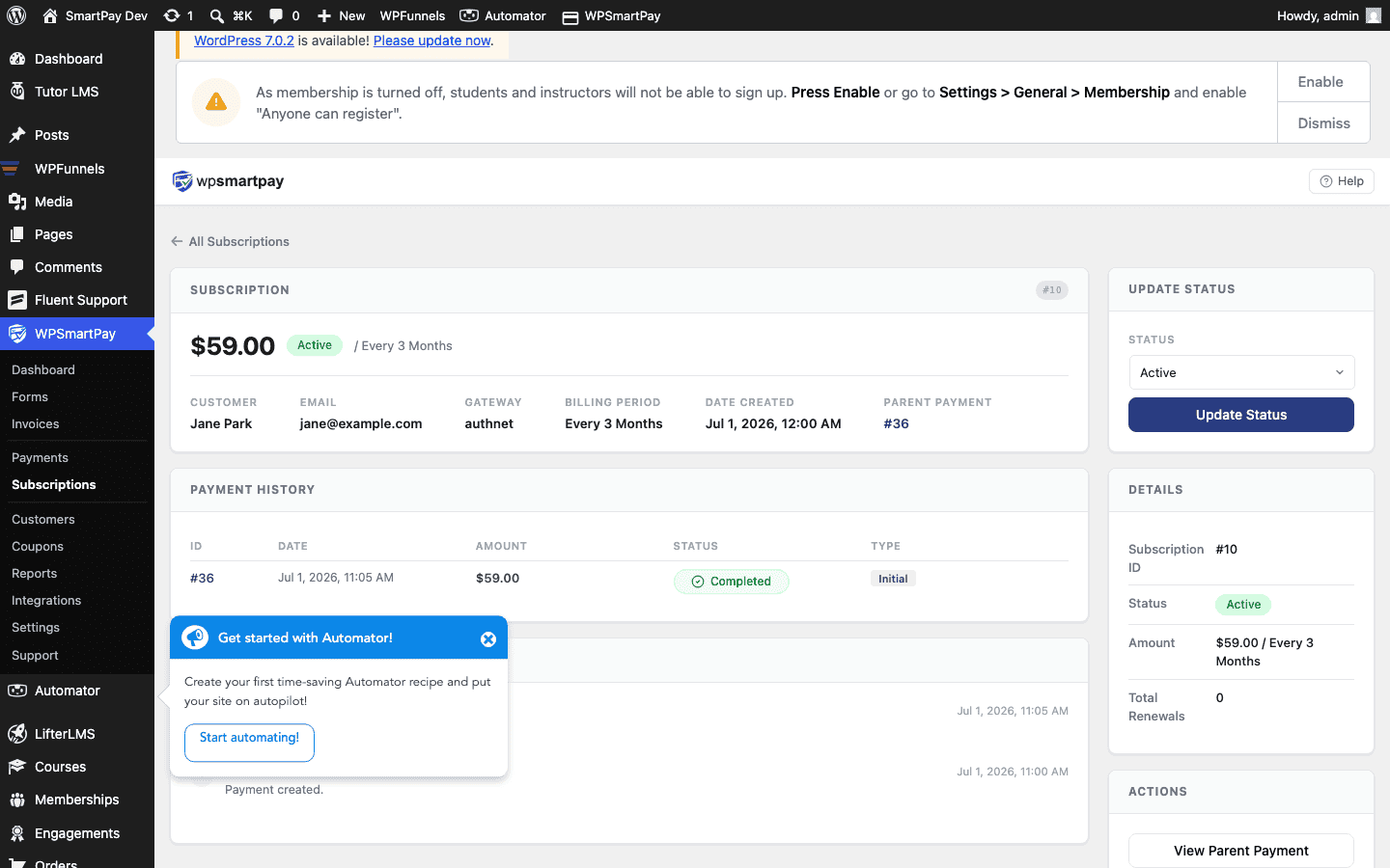Screenshot of WP SmartPay subscription detail page with Cancel button highlighted