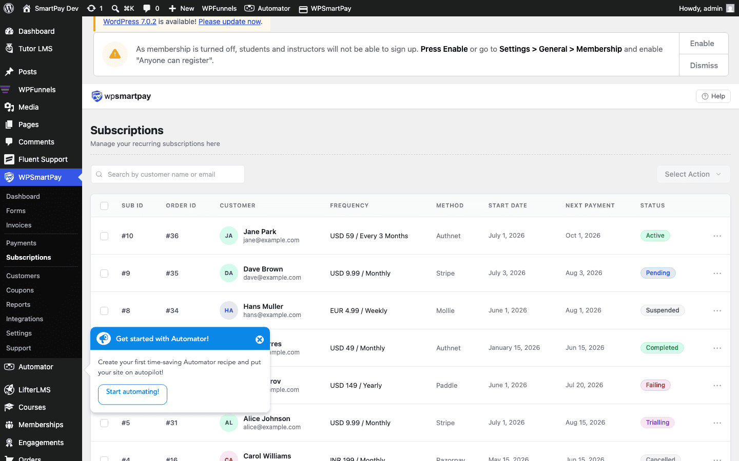Screenshot of WP SmartPay Subscriptions list showing active subscriptions with plan details