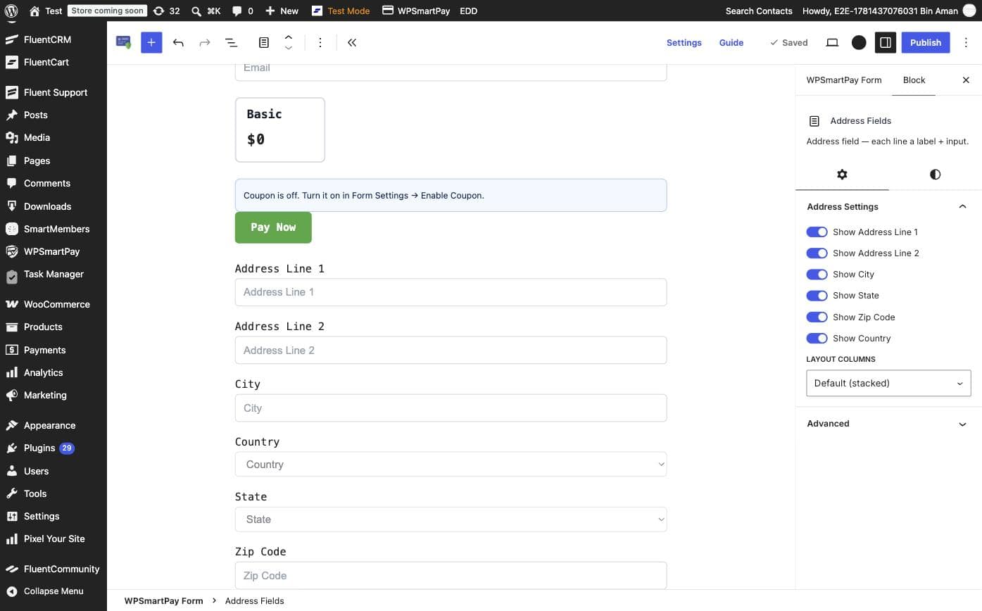Screenshot of the Address Fields block inspector showing sub-field toggles and Layout Columns dropdown