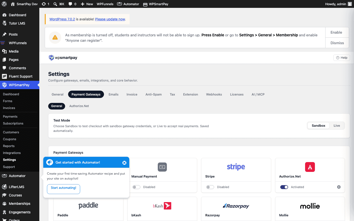 Screenshot of WP SmartPay Payment Gateways settings showing the Test Mode toggle