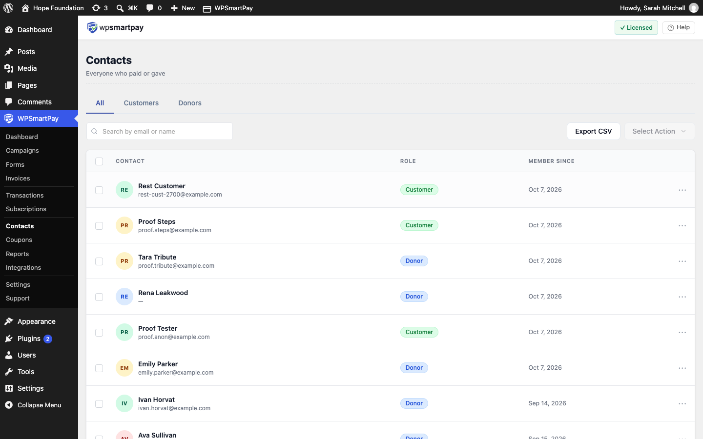 Screenshot of WP SmartPay Contacts list showing the All tab with Role badges and Export CSV