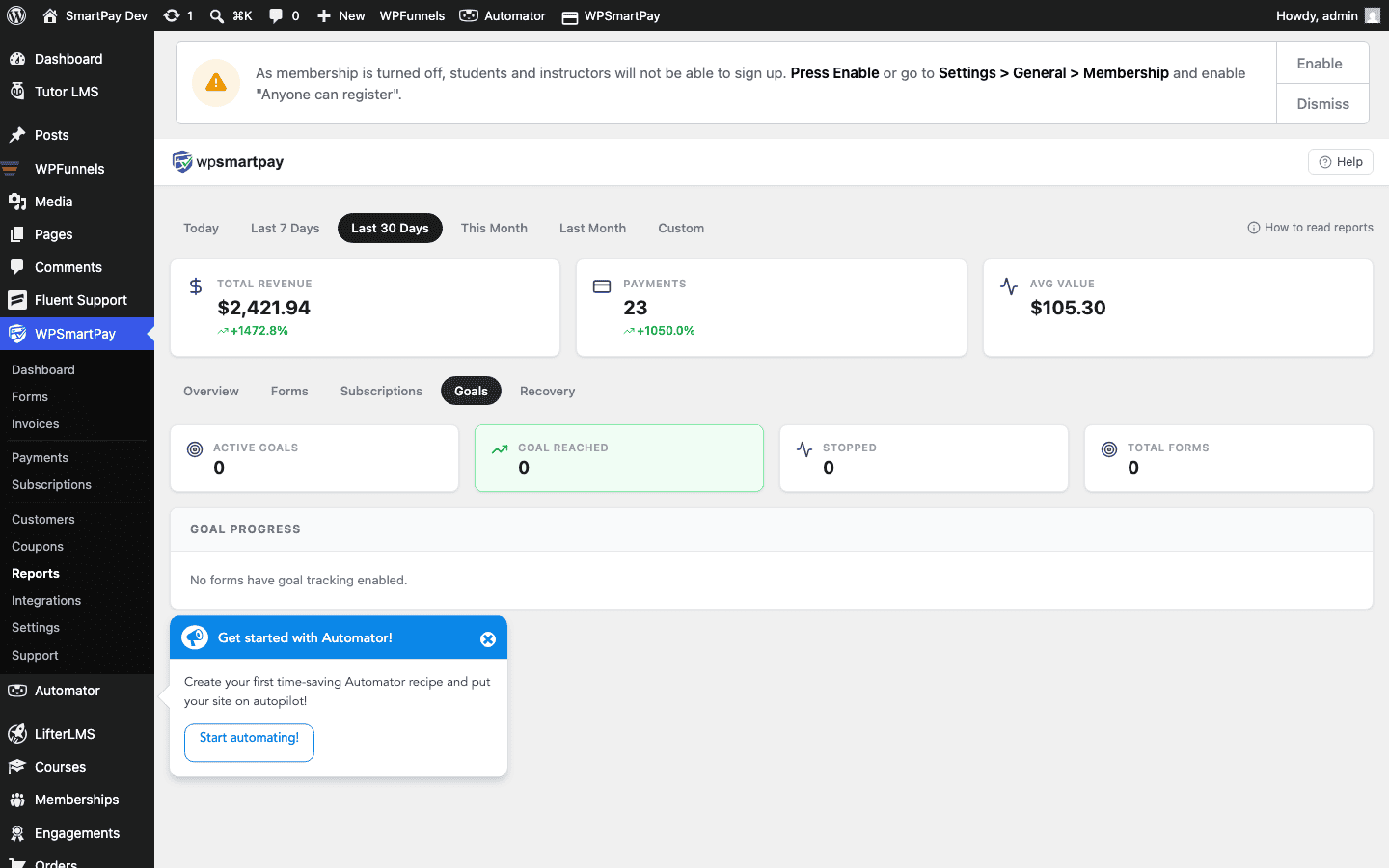Screenshot of WP SmartPay Reports Goals tab showing a fundraising goal with progress bar