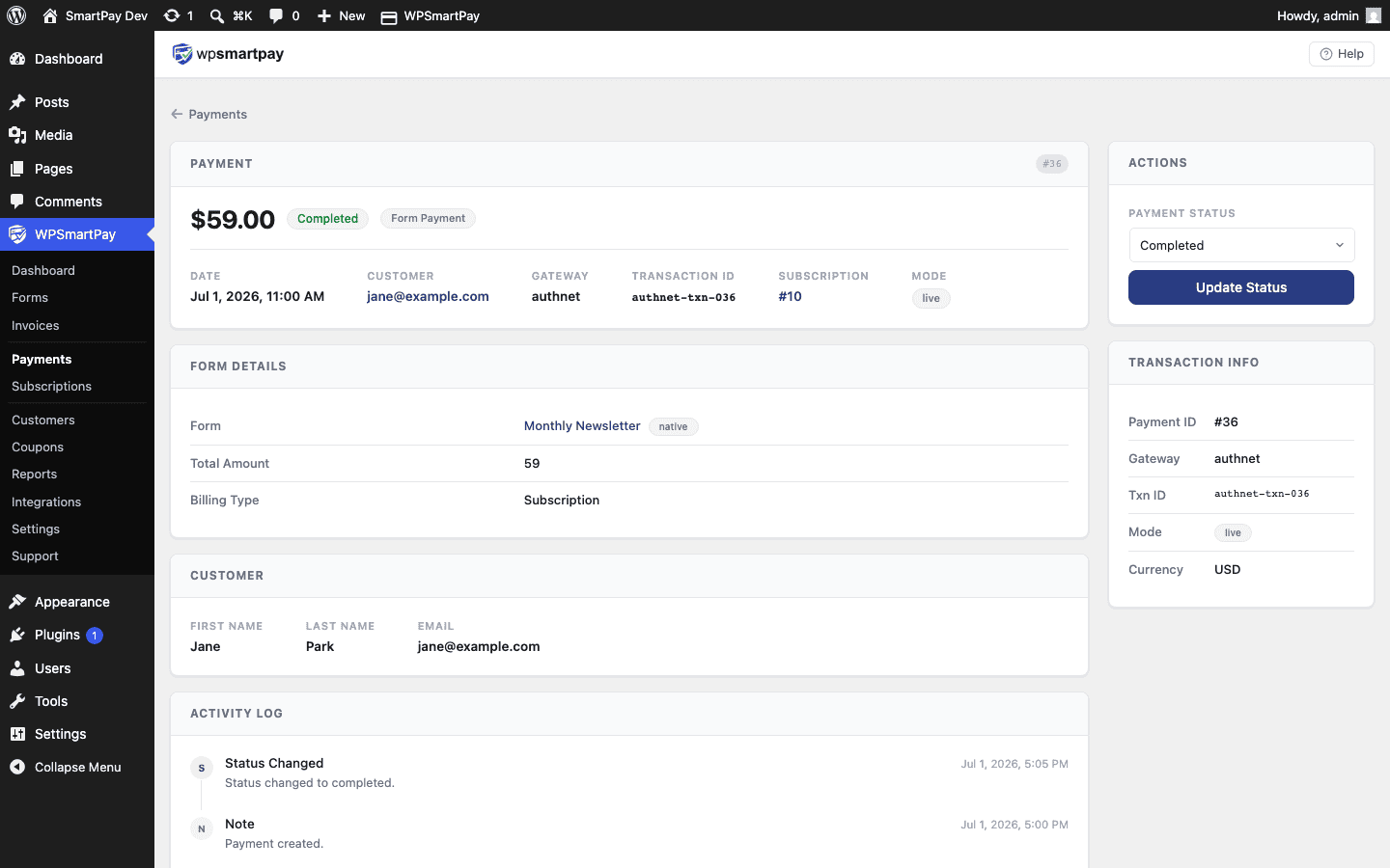 Screenshot of WP SmartPay payment detail page showing status badge and activity log
