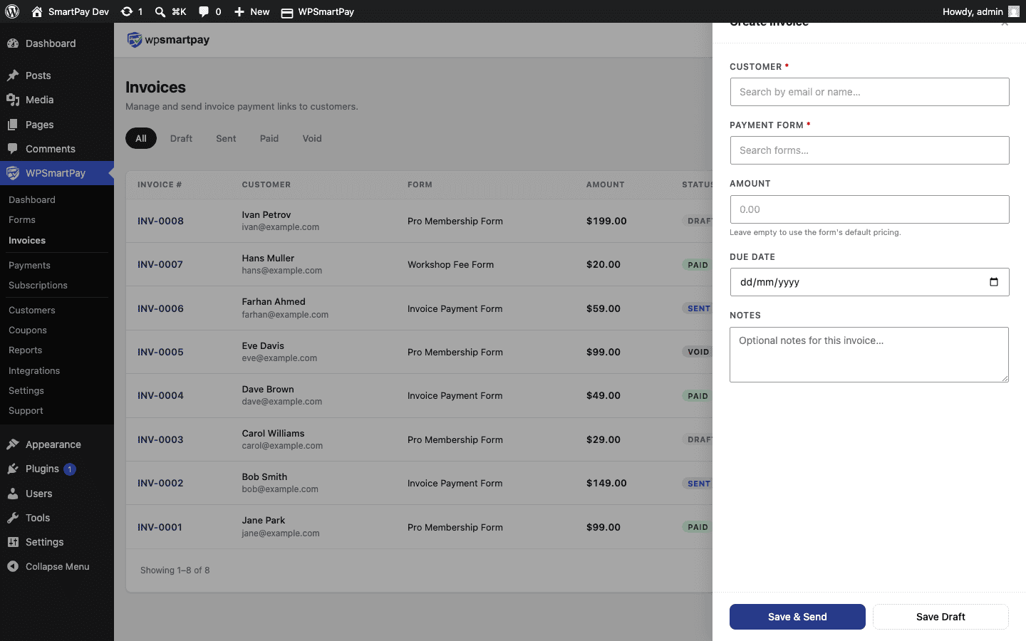 Screenshot of WP SmartPay Create Invoice drawer showing customer, line items, and settings fields