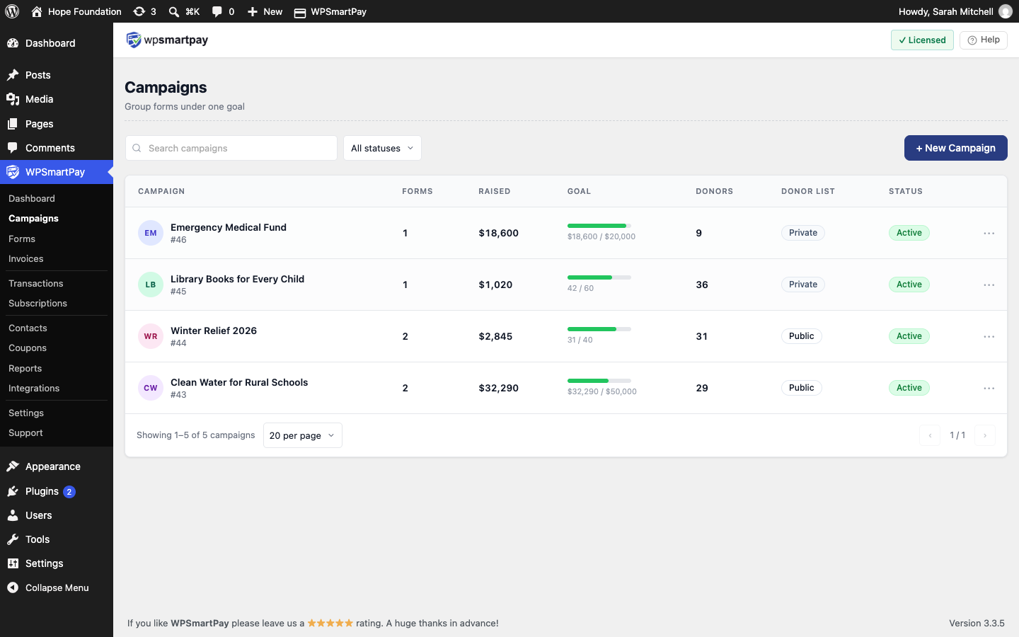 Screenshot of WP SmartPay Campaigns list showing goal progress and donor counts