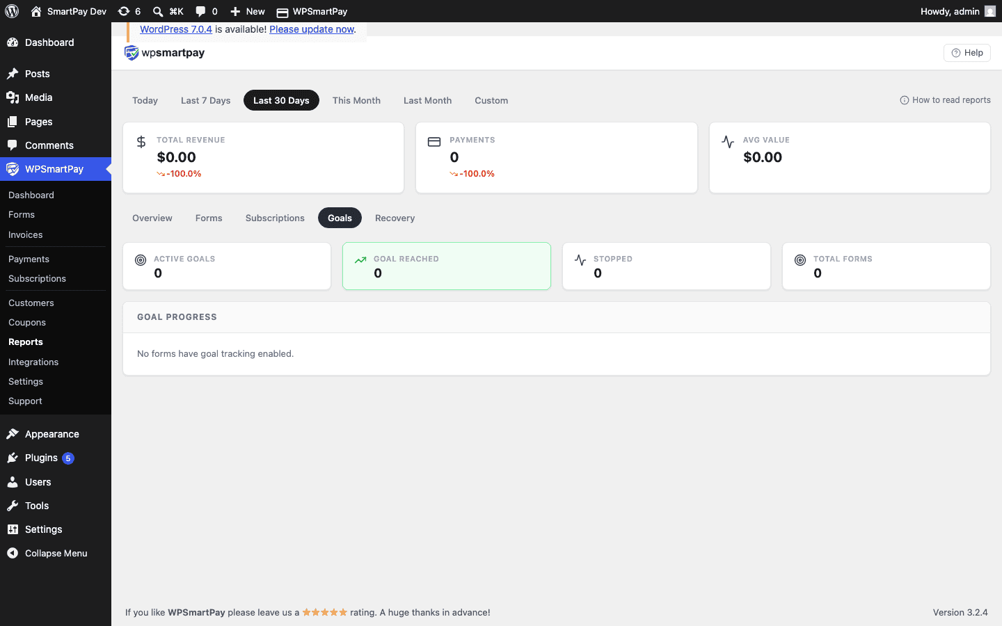 SmartPay Reports Goals tab showing goal stats and per-form progress table