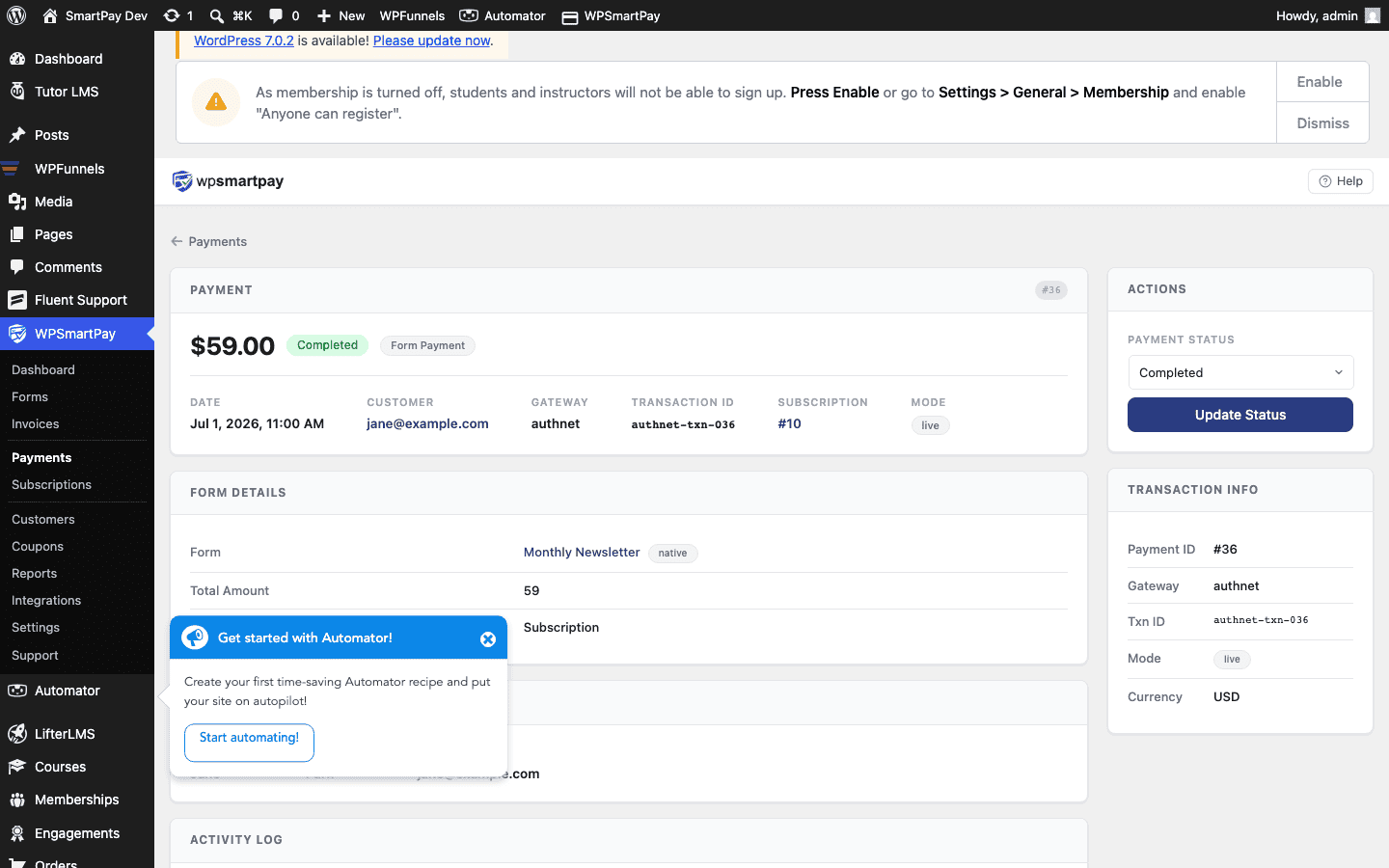 Screenshot of WP SmartPay payment detail page showing status badge and activity log