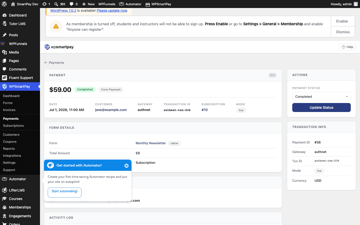 Screenshot of WP SmartPay payment detail page showing amount, status, customer info, and activity log