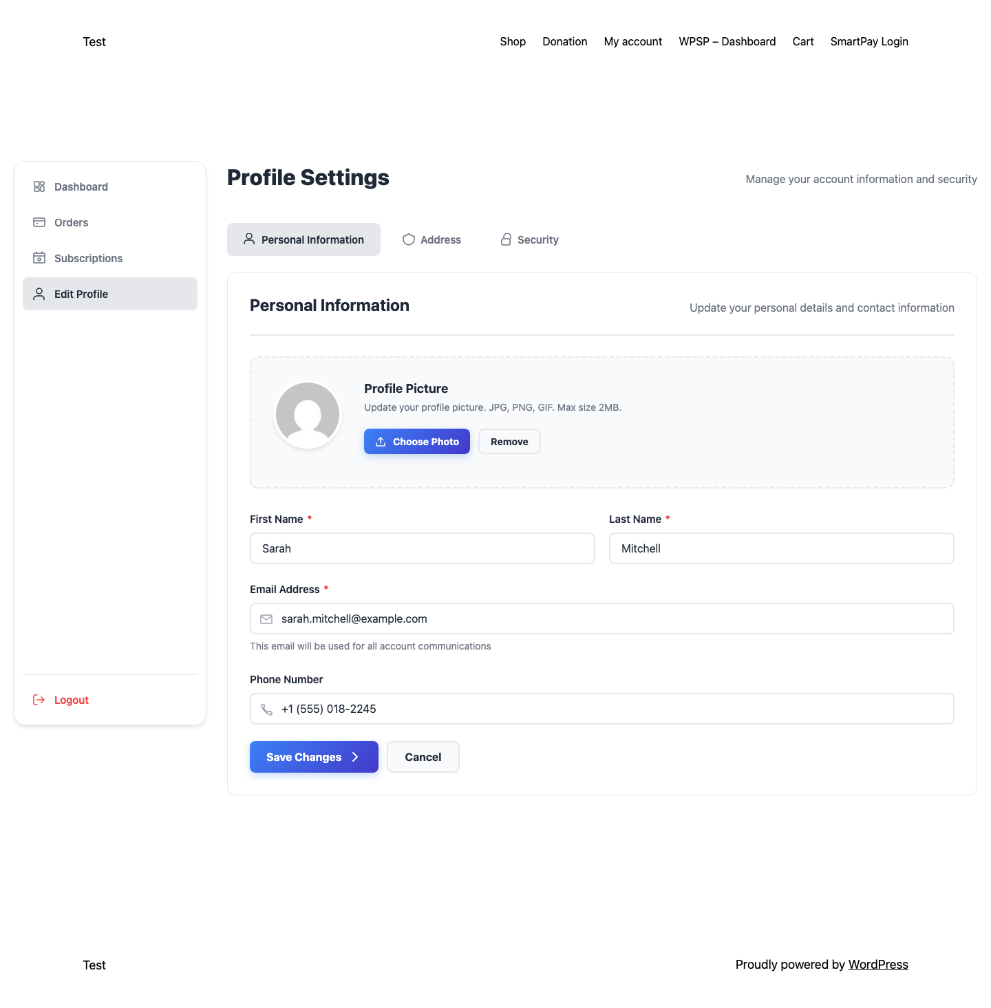 Screenshot of the WP SmartPay frontend Profile Settings page showing the Personal Information tab with profile picture uploader, first name, last name, email, and phone fields