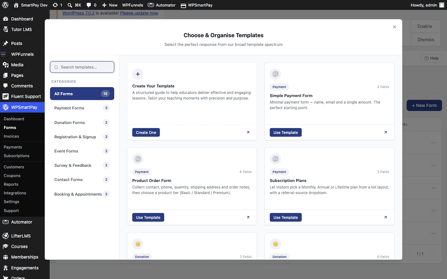 Screenshot of the New Form modal showing template and blank form options