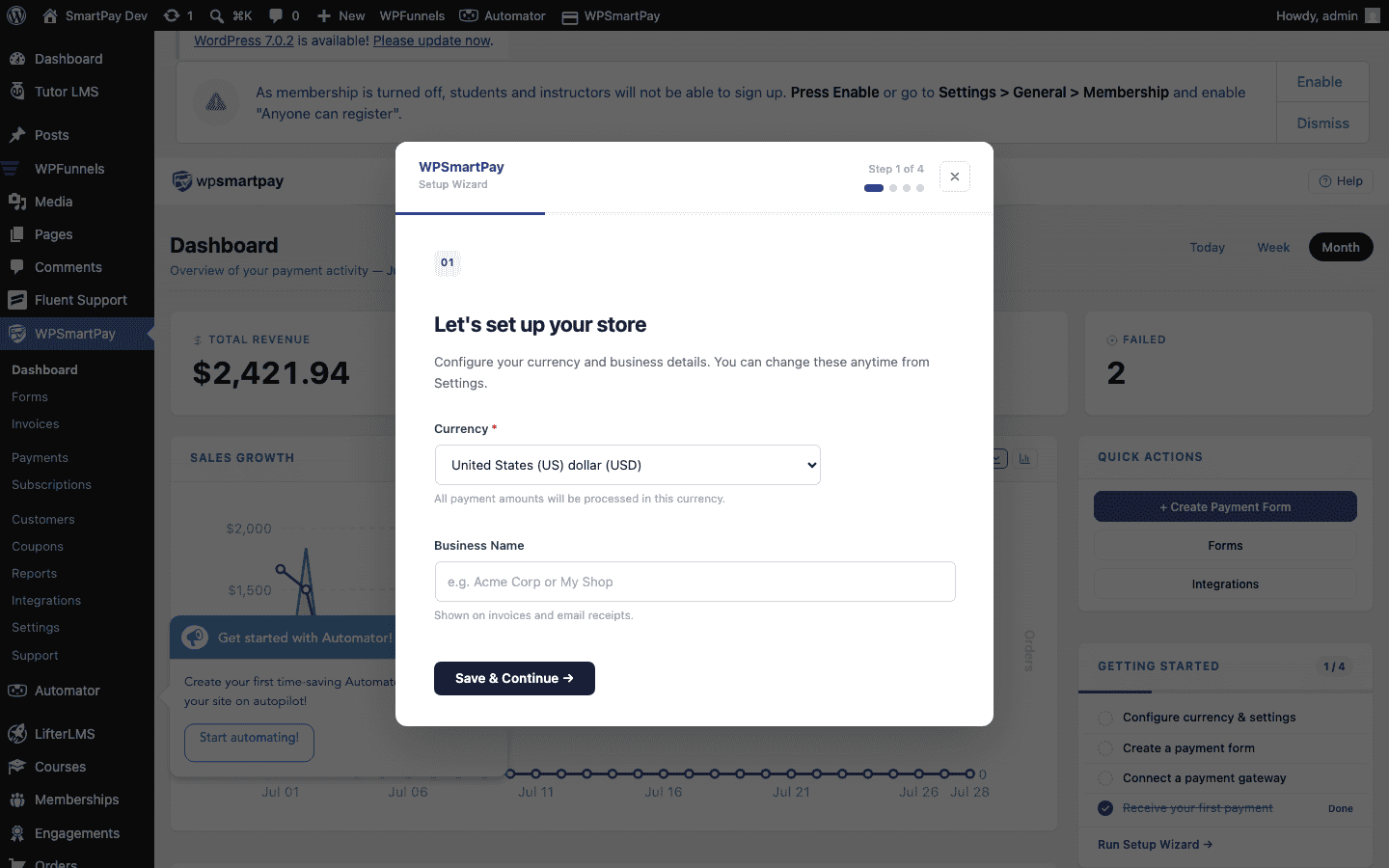 Screenshot of WP SmartPay admin dashboard showing revenue overview and recent payments