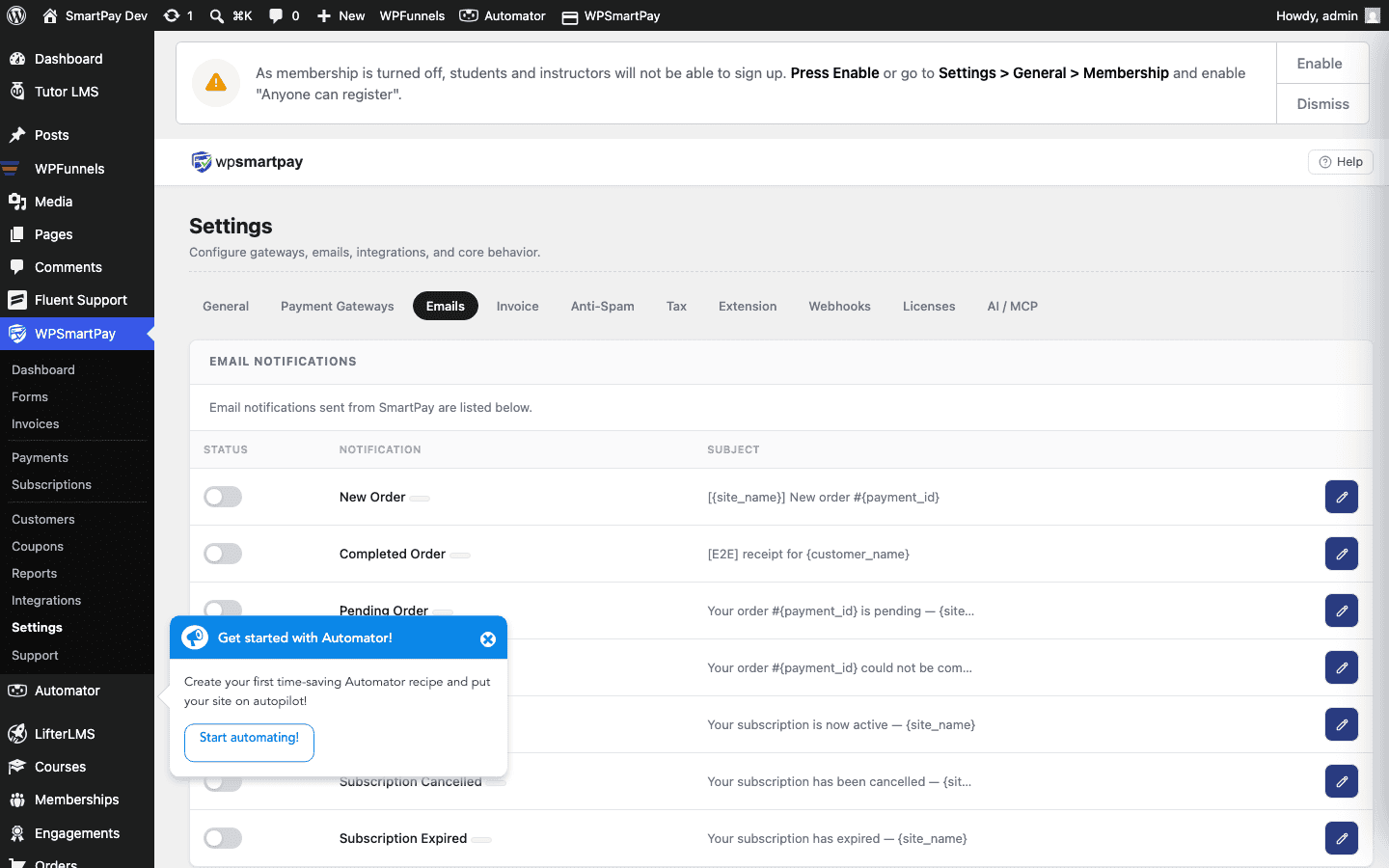 WP SmartPay email notifications settings showing payment received template