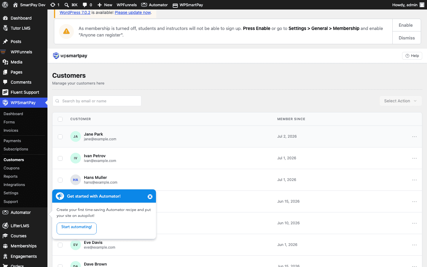 Screenshot of WP SmartPay Customers list showing customer names, emails, payment count, and revenue