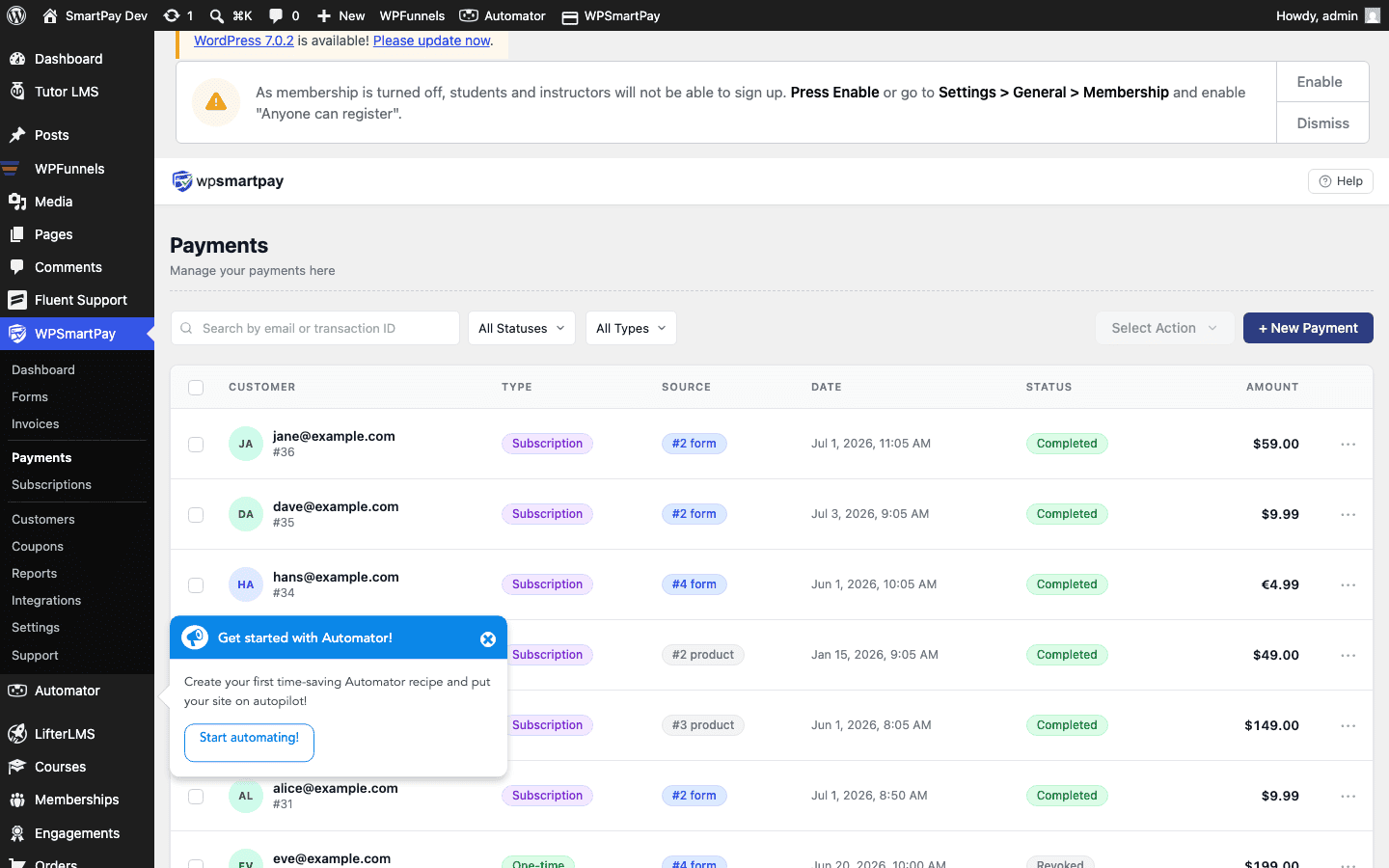 Screenshot of WP SmartPay Payments list with the New Payment button visible