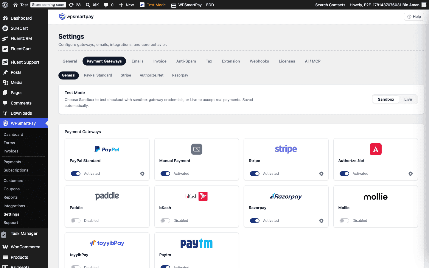 Screenshot of WP SmartPay Settings General tab with currency and pages settings