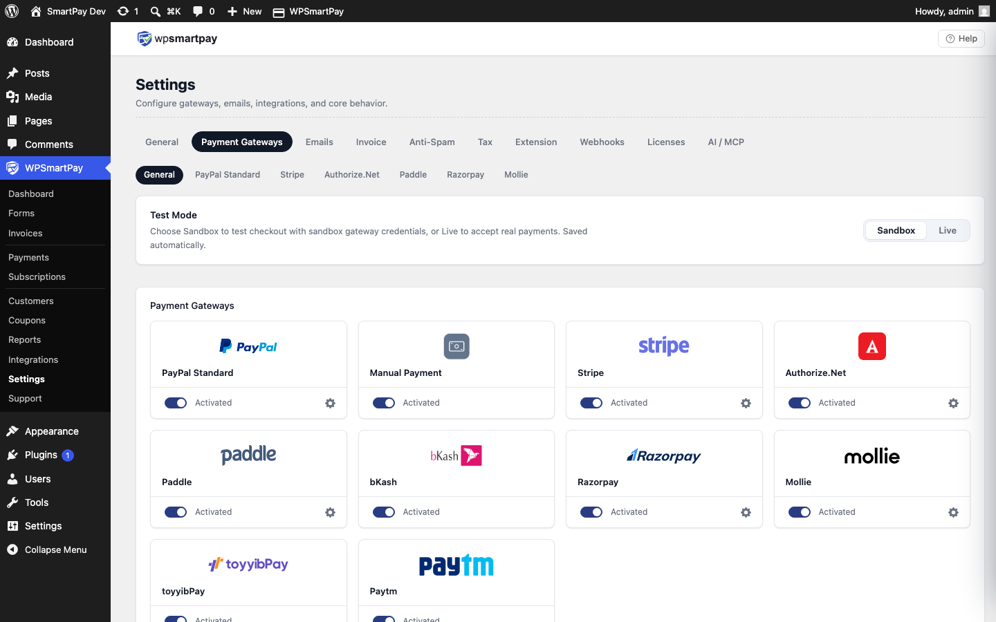 Screenshot of WP SmartPay Payment Gateways settings showing the Test Mode toggle