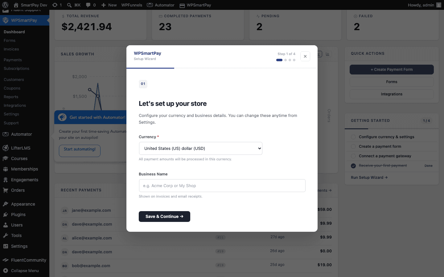 Screenshot of WP SmartPay dashboard stats cards and revenue chart
