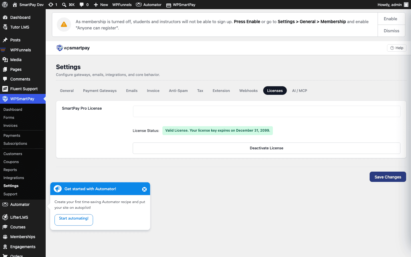 Screenshot of WP SmartPay License settings page showing license key field and activation status