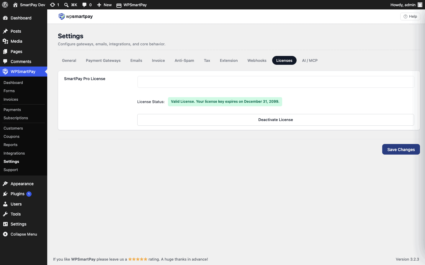 Screenshot of WP SmartPay License settings page showing license key field and activation status