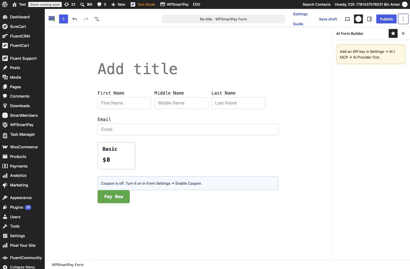 Screenshot of WP SmartPay form editor showing the AI Form Builder sidebar panel open on the right side